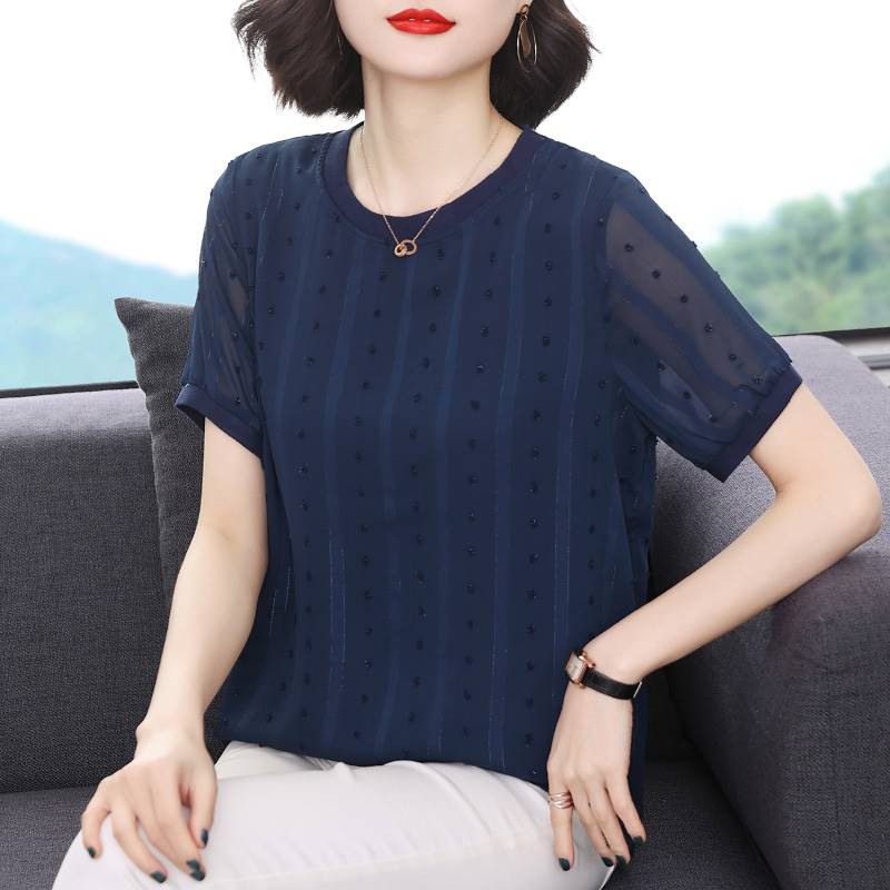2023妈妈夏装短袖雪纺衫中年女士半袖T恤宽松上衣遮肉大码女0705w
