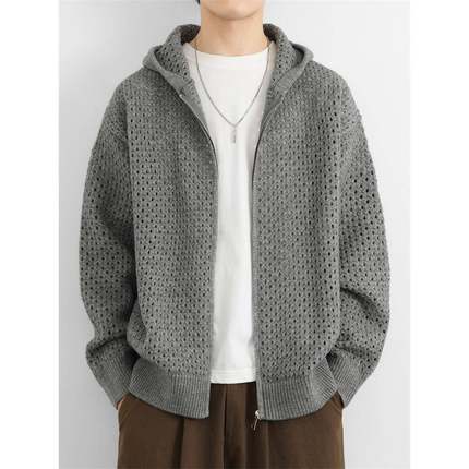 镂空连帽针织开衫外套男秋季设计感复古潮牌纯色针织衫毛衣1215u