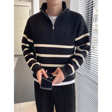 毛衣男士拉炼条纹立领秋冬季慵懒高级感宽松套头百搭打底针1215u