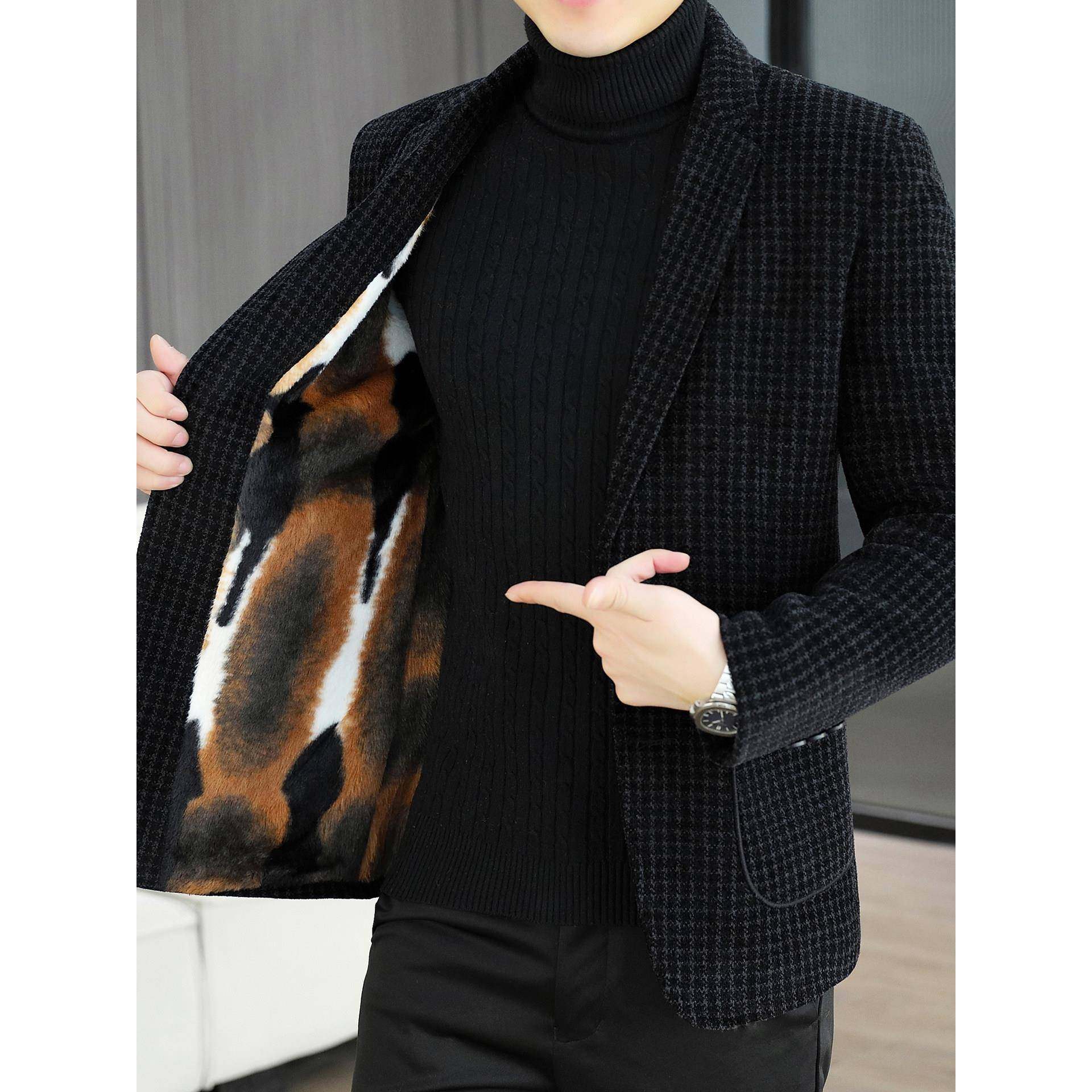 高级感毛呢西装外套男士2025新款秋冬季加绒加厚呢子男装保1222e