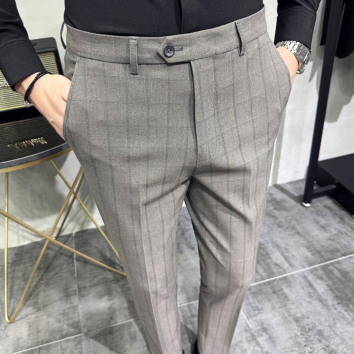 秋冬双线格子西裤男秋新款休闲长裤韩版修身小脚百搭商务通1116u