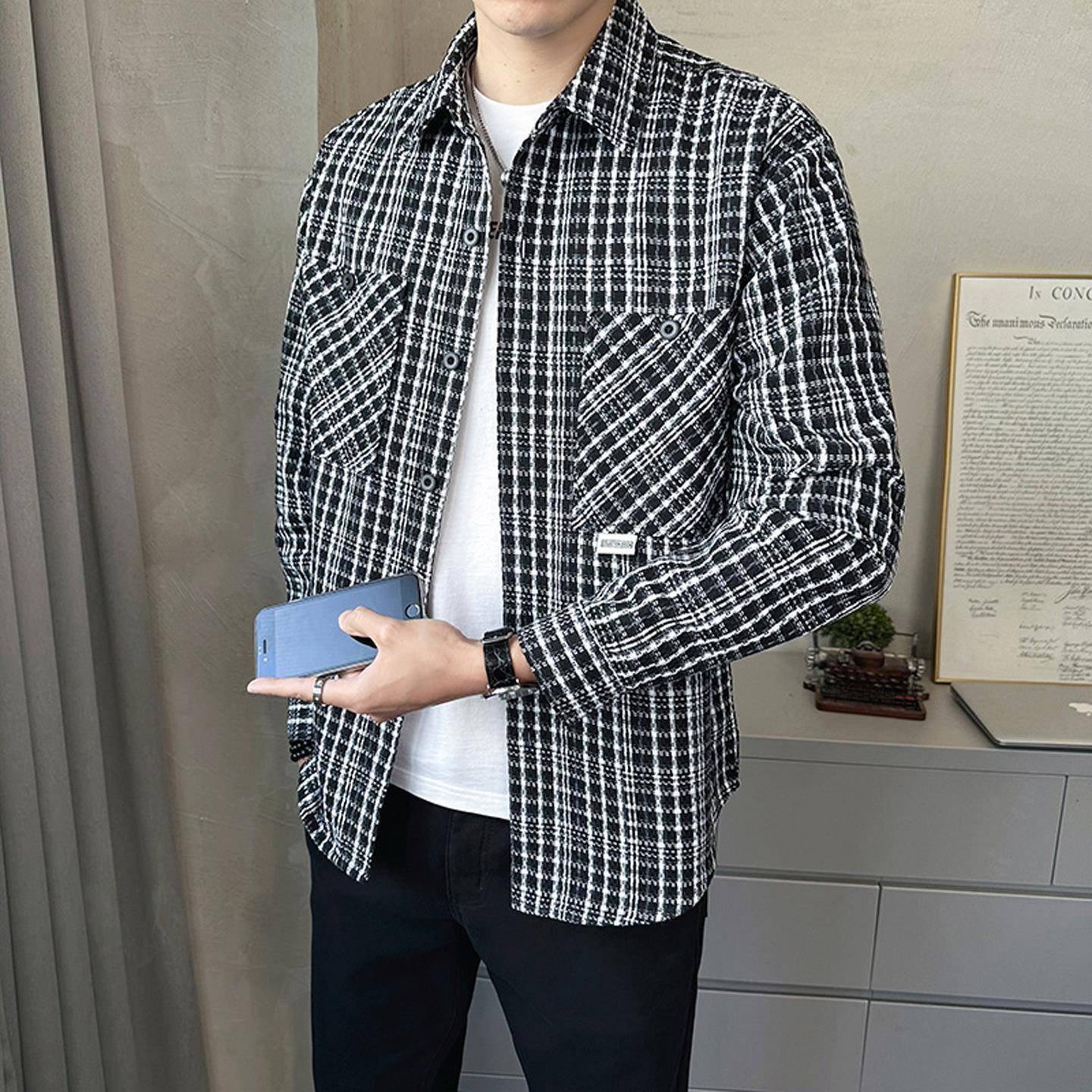 秋冬2025新款休闲格子宽松男士夹克高级感翻领外套男款衬衫1101u