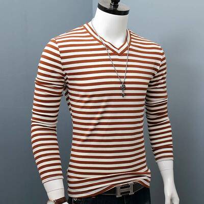 秋冬装条纹长袖t恤男款韩版上衣服内搭修身打底衫年V领秋衣1026h