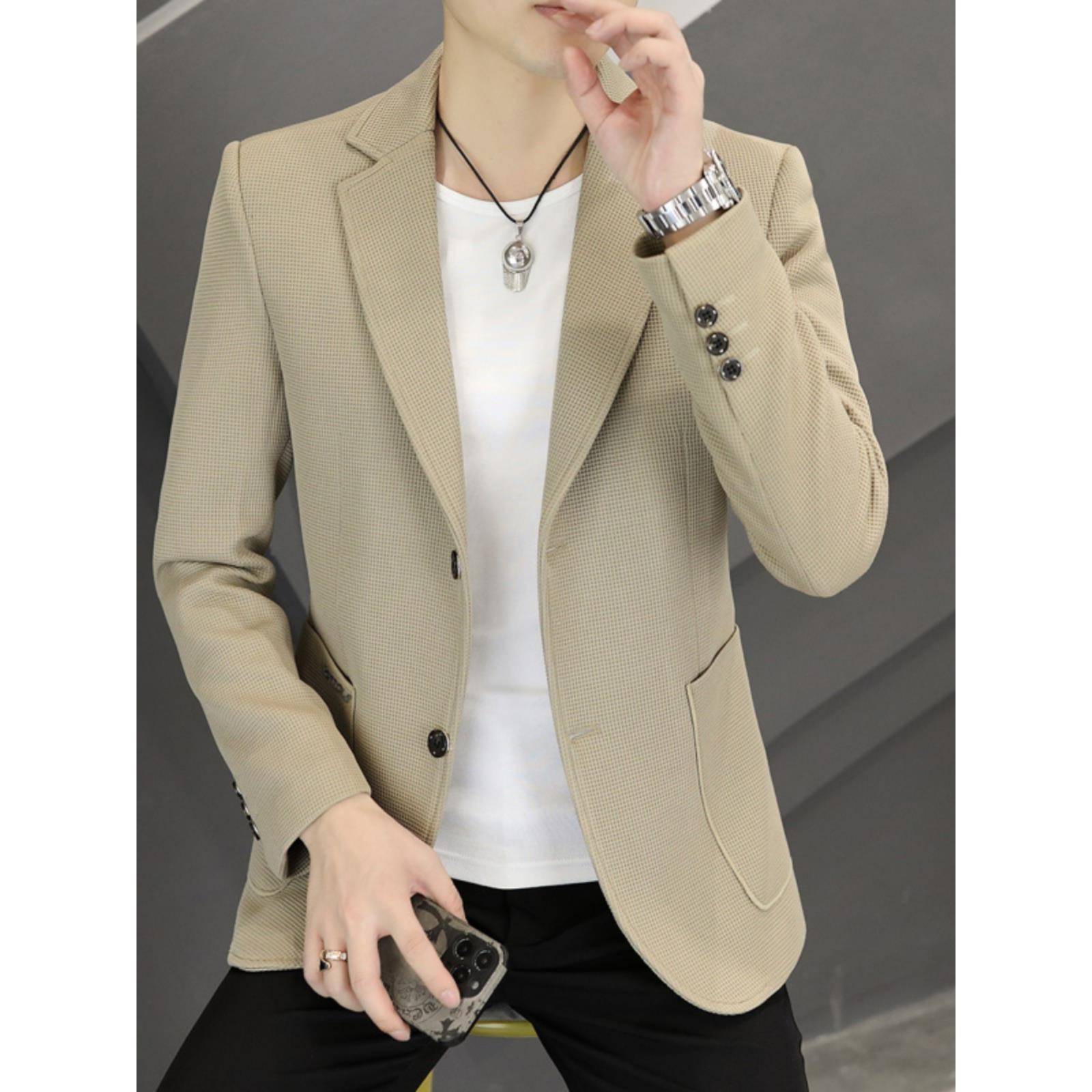 秋冬季新款华夫格休闲西服男士韩版修身单西男装感小西装外1212n