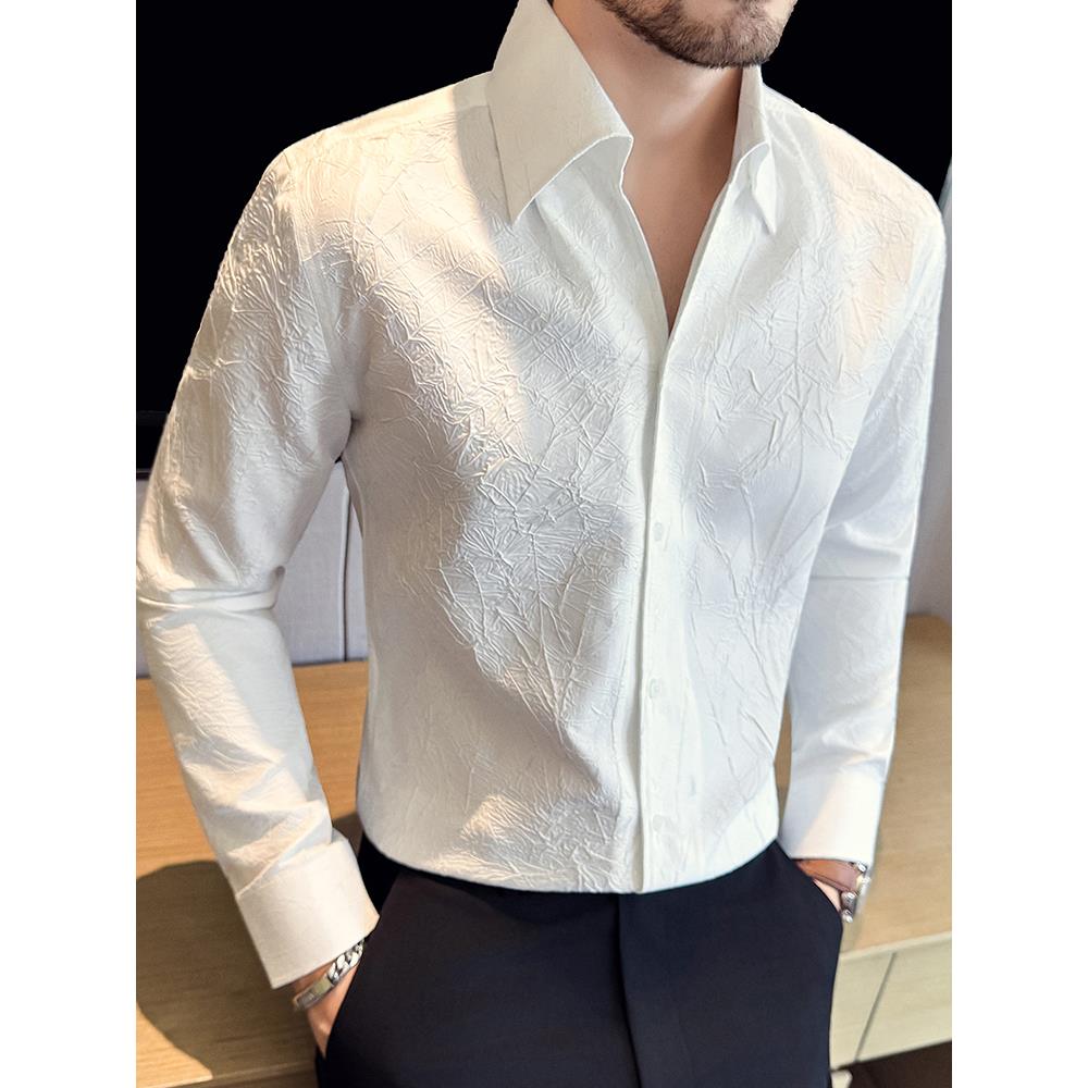 褶皱设计感法式V领衬衫男长袖2025新款时尚微阔百搭休闲商务1108u