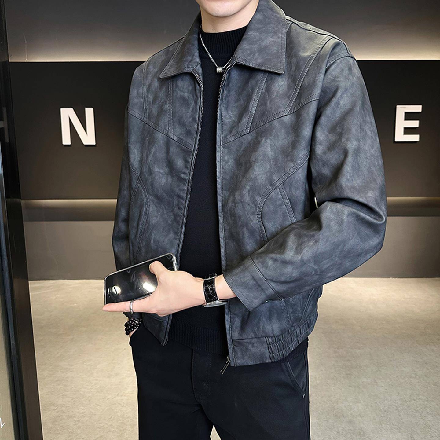 秋冬扎染男士皮衣外套秋2025新款痞帅潮牌翻领男装机车皮夹1101u