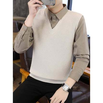 假两件毛衣男士秋冬季2025新款衬衫领针织衫加厚长袖打底内1215u