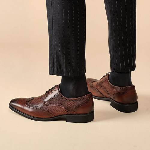 冬季男鞋英伦新款棕色商务系带正装皮鞋男布雕德比鞋手工1223u