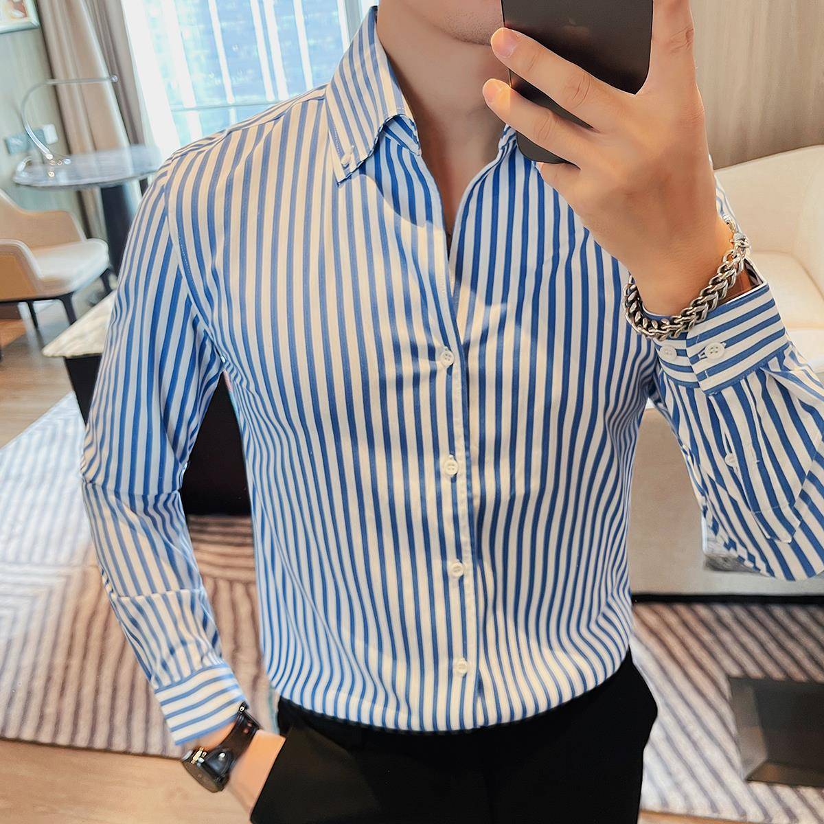 法式大V领条纹衬衫男长袖秋高级感商务休闲英伦风修身痞帅衬1108u