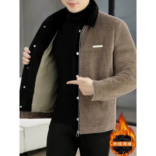 冬季新款设计感假两件加绒加厚夹克男士彷短款毛呢大衣外套1223u