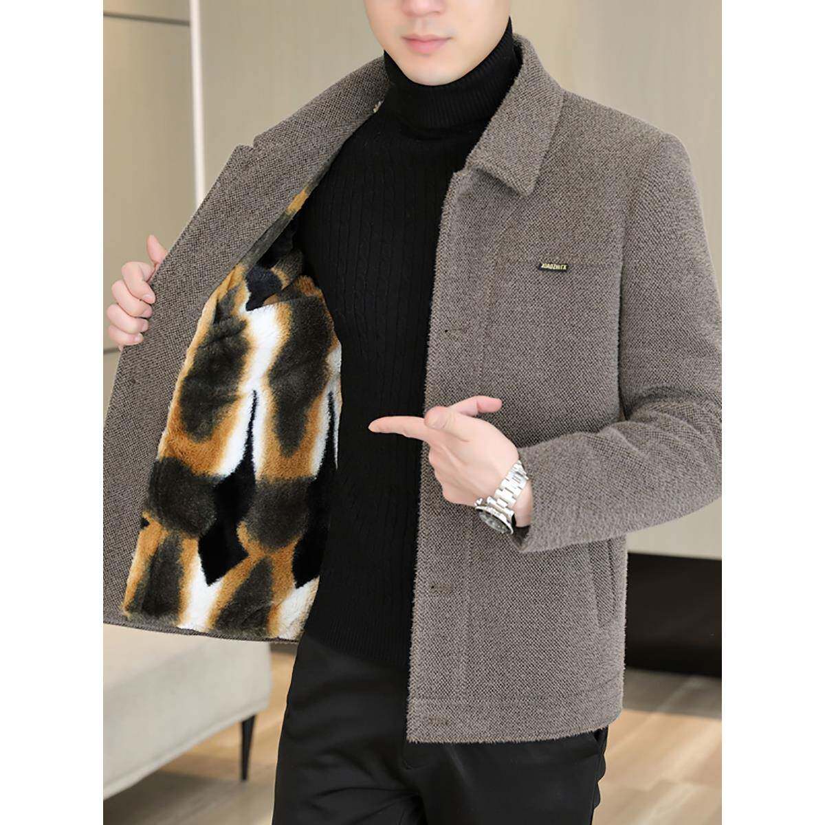 秋冬季加绒加厚夹克男高品质保暖短款风衣休闲毛呢大衣外套1209e