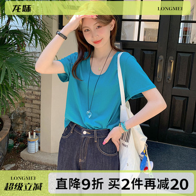 U领正肩棉麻短袖T恤女上衣外穿