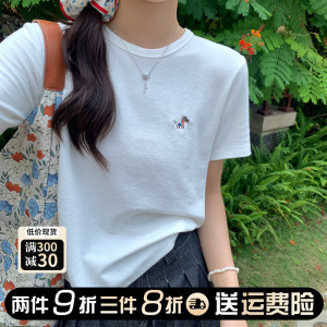 白色t恤女高级感夏季2024新款宽松圆领刺绣休闲百搭显瘦短袖上衣