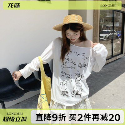白色斜领露肩印花长袖T恤夏上衣