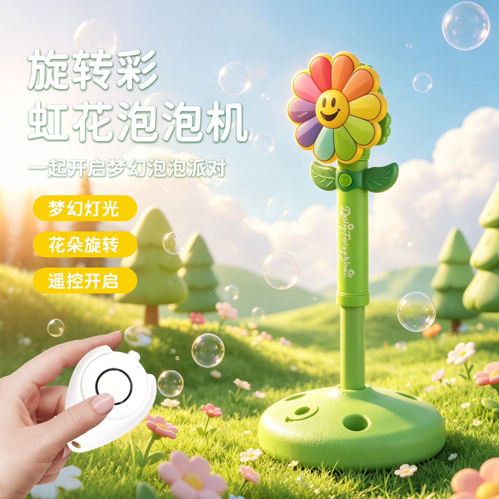 彩虹花电动全自动旋转灯光泡泡机
