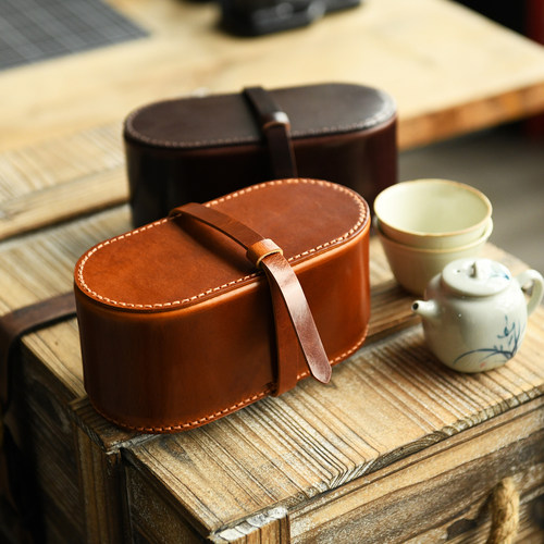 手工制作头层植鞣牛皮茶具收纳包
