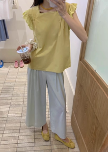 【THIRTEEN 拾叁】2024夏新款韩代小清新拼接蕾丝飞飞袖方领小衫