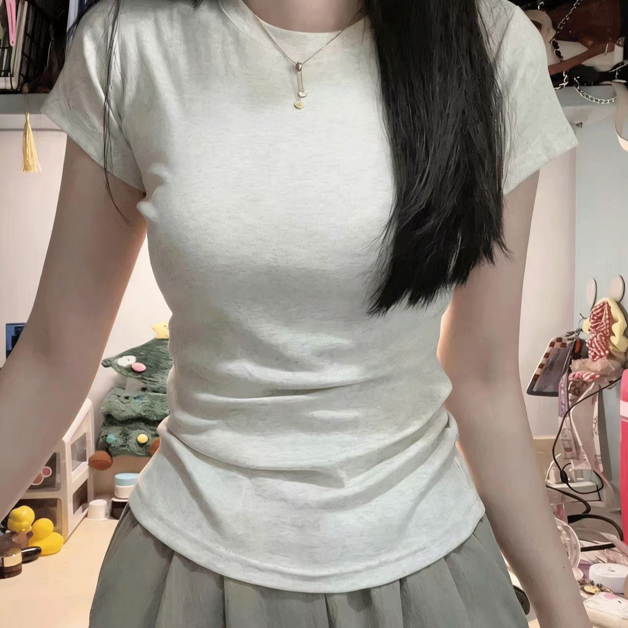 纯棉2026夏季基础款正肩短袖外穿t恤女修身显瘦学生简约打底上衣