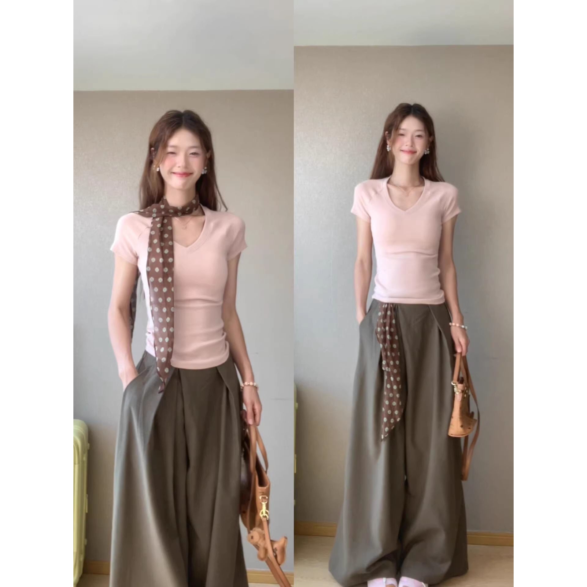 粉色v领正肩短袖t恤女款夏季修身显瘦内搭打底衫辣妹上衣2026新款