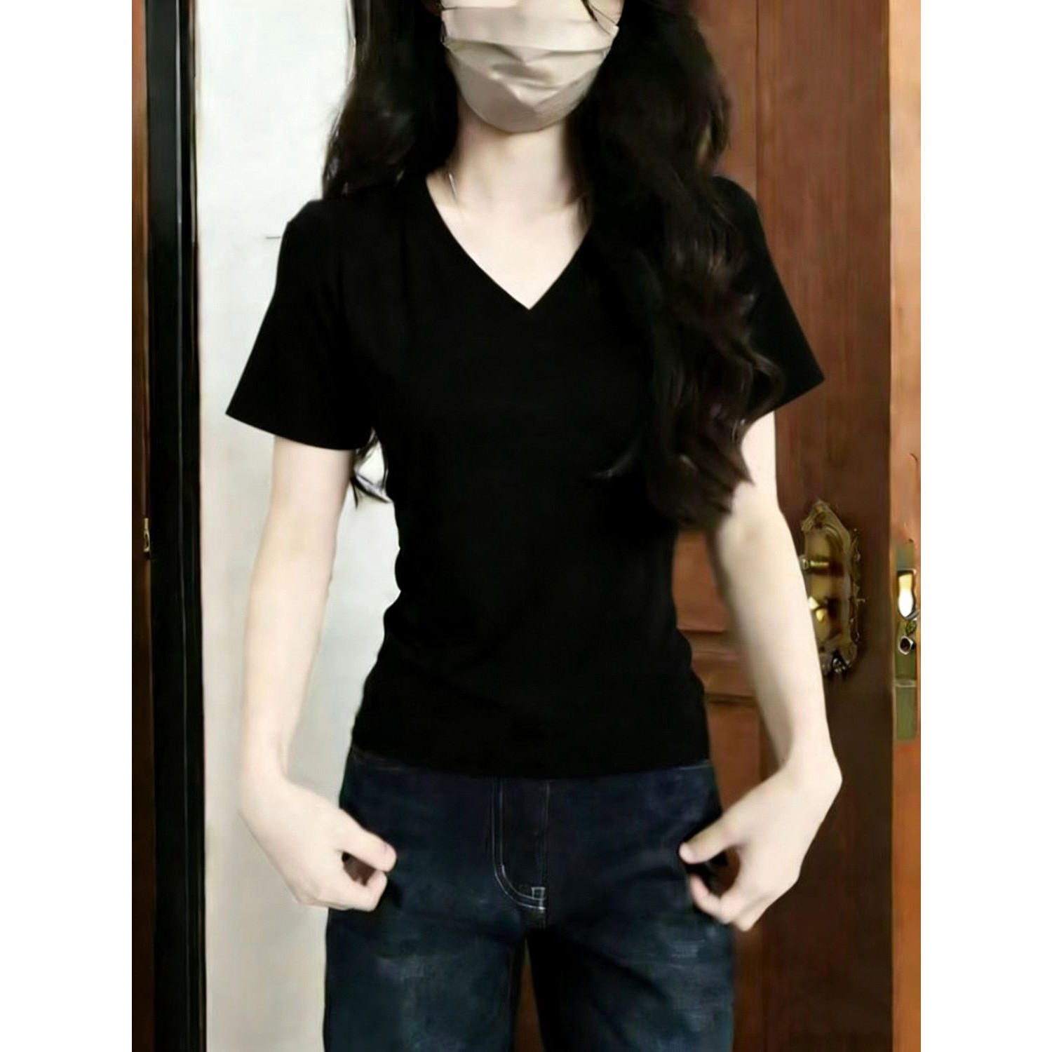 纯棉正肩黑色短袖t恤女V领修身收腰显瘦辣妹纯欲上衣女夏季百搭
