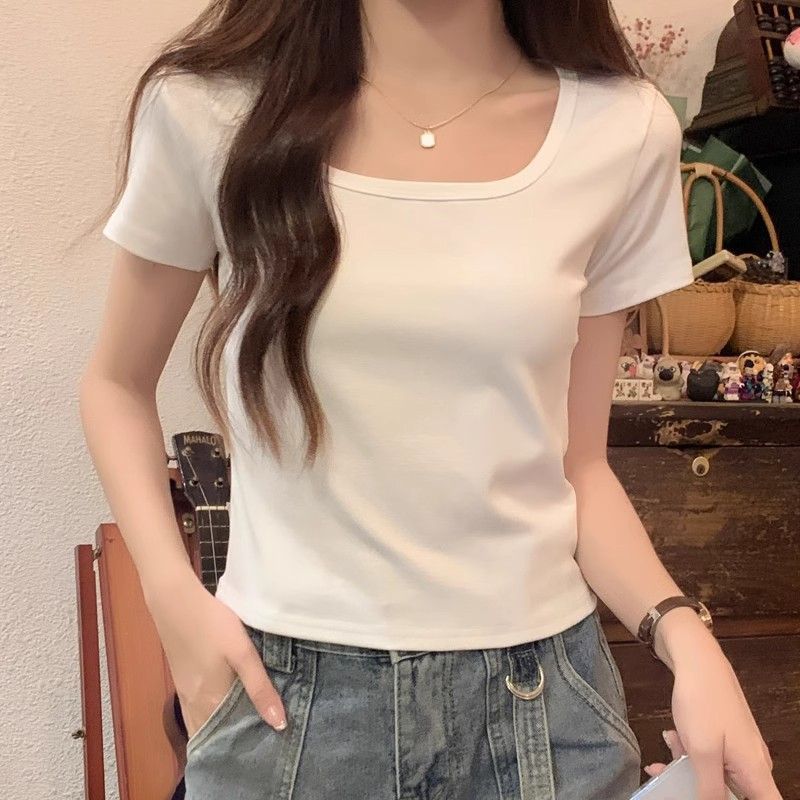 2026夏季新款短袖T恤女纯棉短款U领修身显瘦学生小个子打底衫上衣