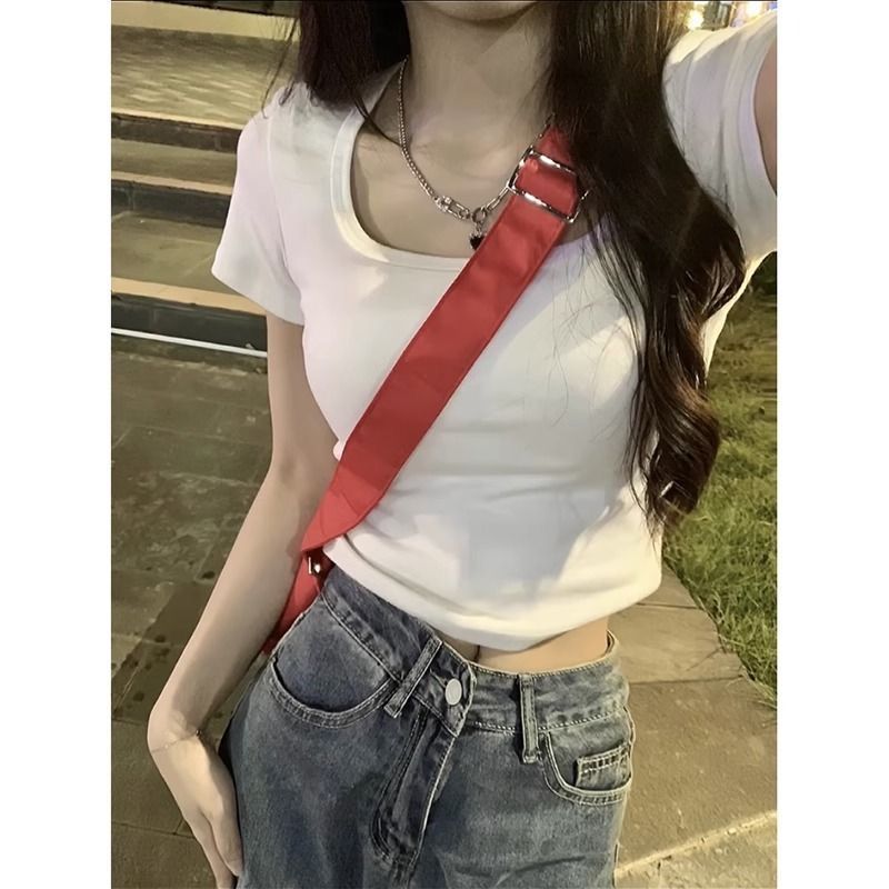 纯棉正肩短款露肚脐T恤短袖女2026夏新款修身显瘦纯欲甜辣妹上衣