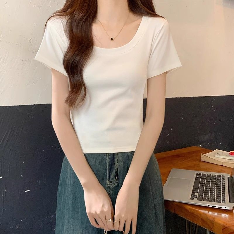 2026夏季新款短袖T恤女纯棉短款U领修身显瘦学生小个子打底衫上衣