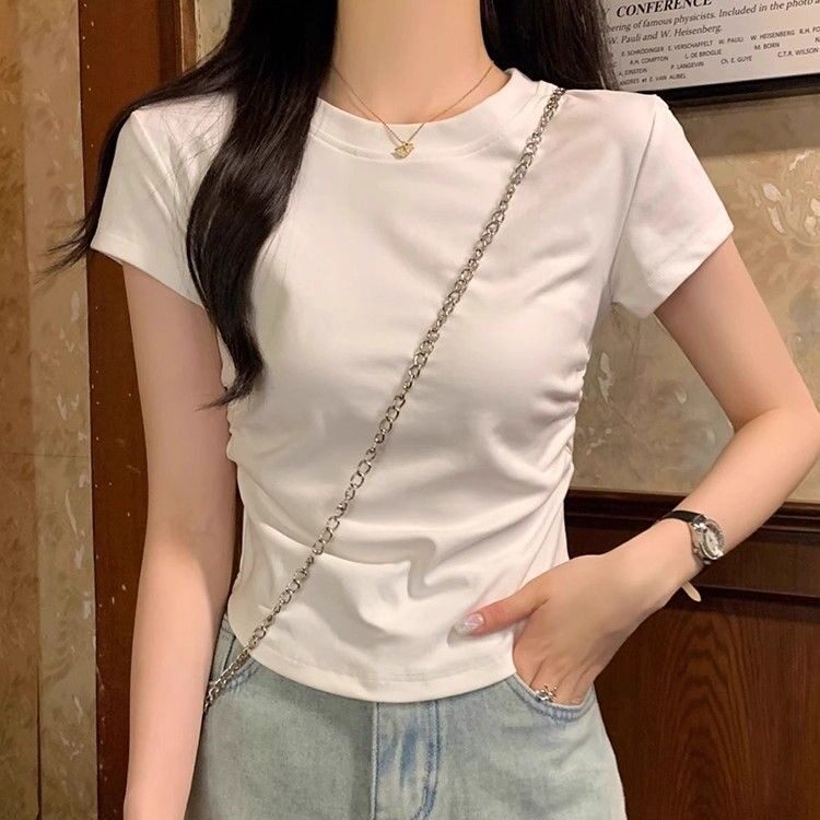 褶皱收腰打底衫纯棉夏季短款正肩短袖T恤女弧形下摆修身显瘦上衣
