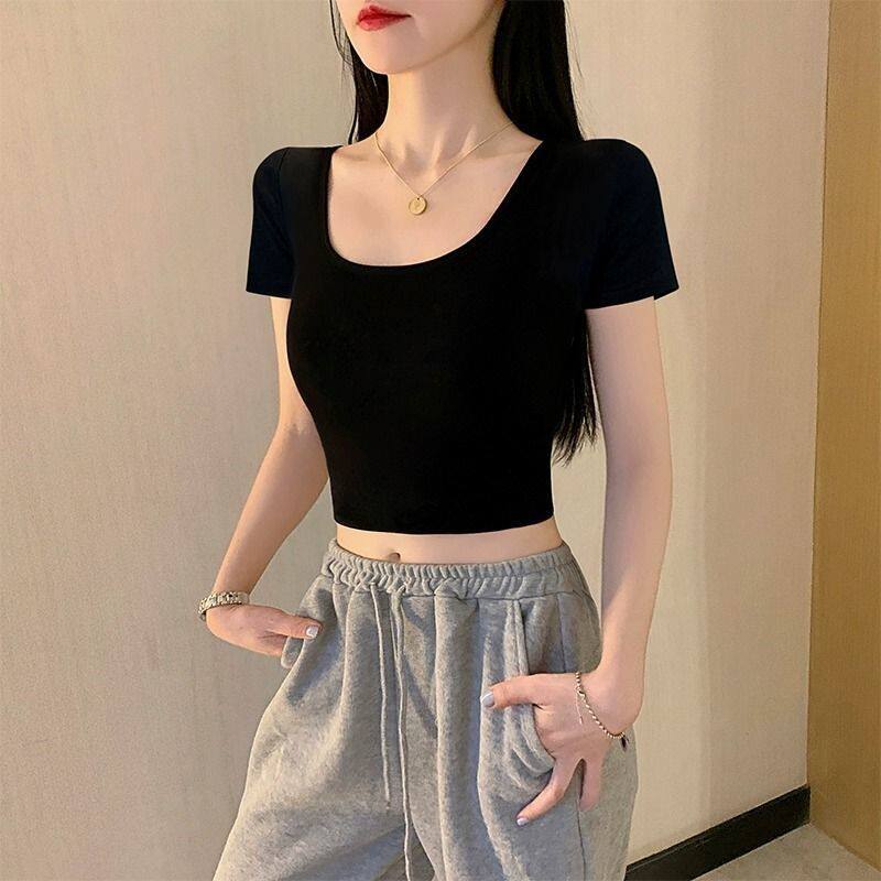 纯棉短款辣妹打底上衣女夏季新U领修身显瘦小个子露脐短袖T恤女潮
