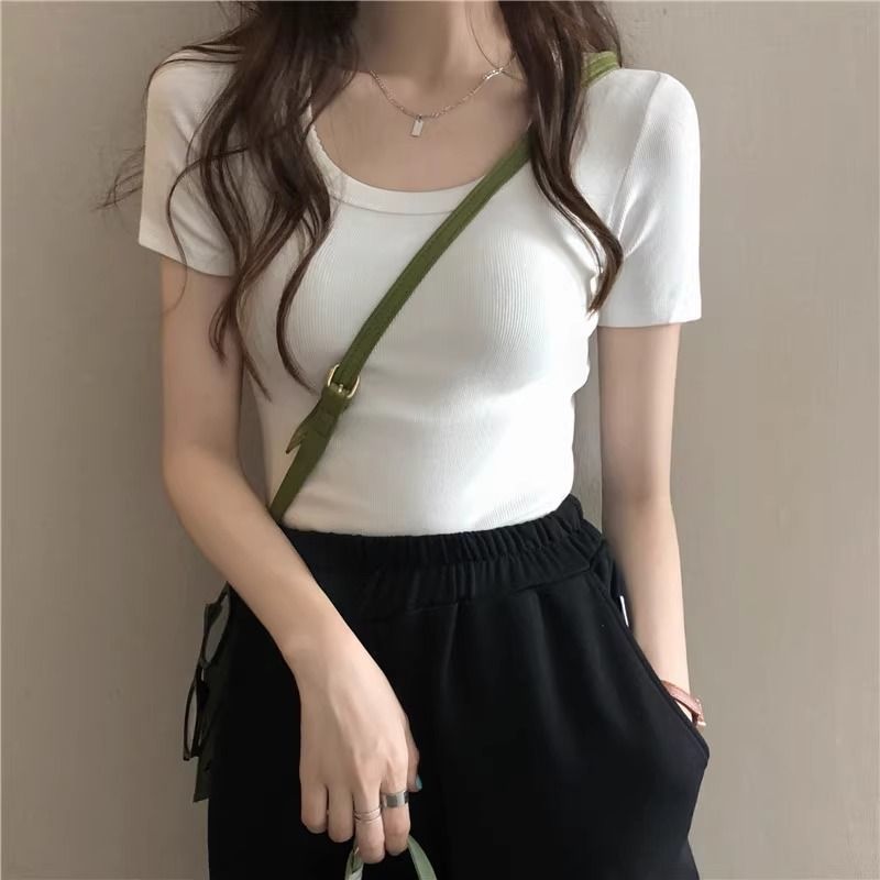 纯棉甜辣妹短款短袖T恤女2026夏季学生U领修身显瘦小个子打底上衣