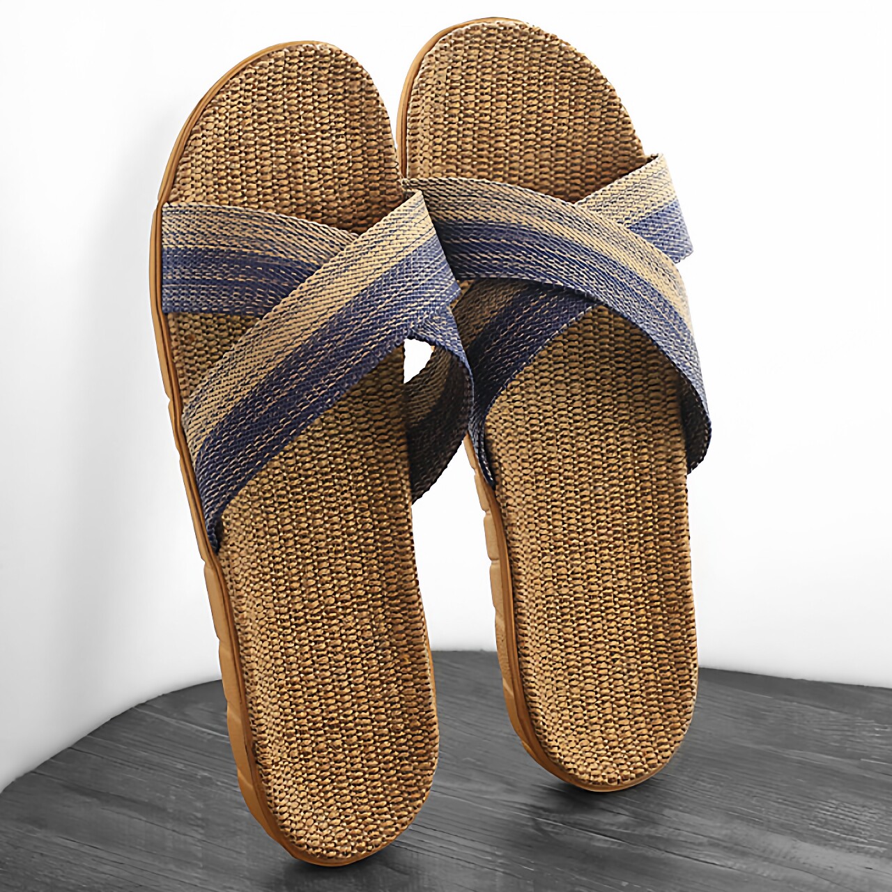 个性休闲复古亚麻藤草拖鞋女生家居家用软厚底防滑棉麻凉拖鞋男。