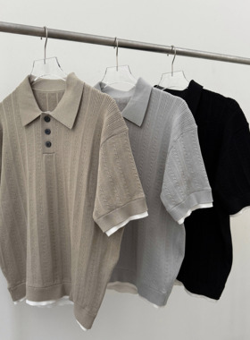 Oxycodone/定制70支凉感冰丝竖纹提花肌理针织假两件螺纹POLO短袖