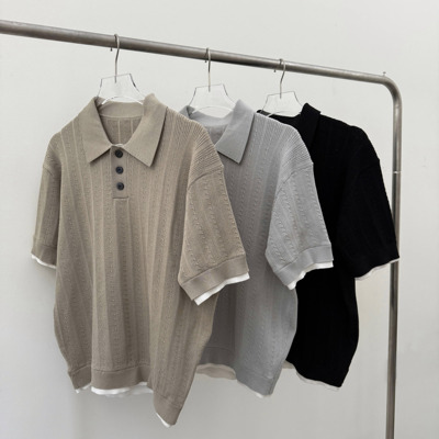 Oxycodone/定制70支凉感冰丝竖纹提花肌理针织假两件螺纹POLO短袖