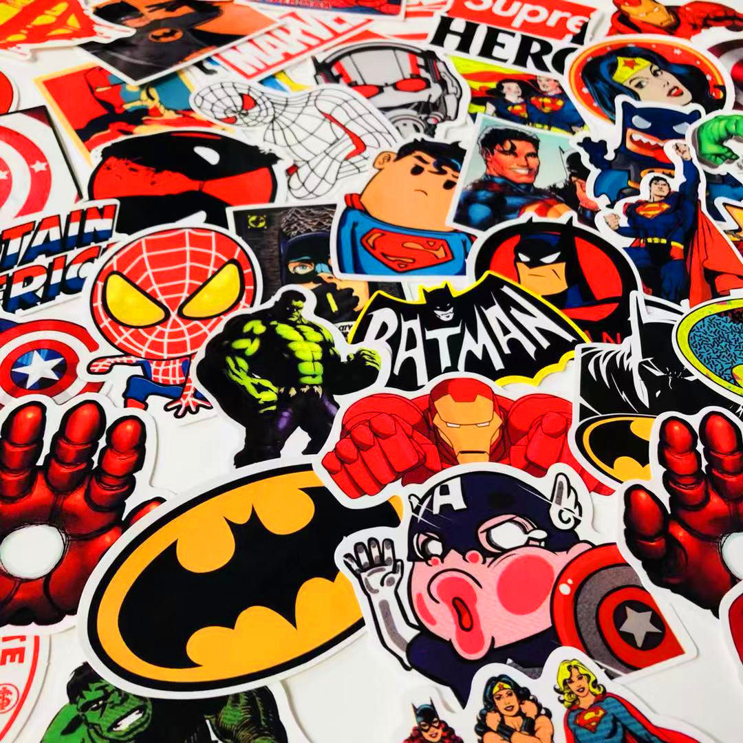 50张漫威DC英雄超人蜘蛛侠钢铁侠贴画头盔贴纸个性电脑行李箱贴