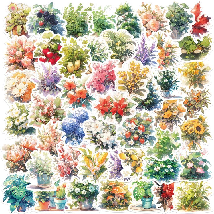 50张水彩画风格植物鲜花小清新文艺贴纸笔记本手机壳水杯防水装饰