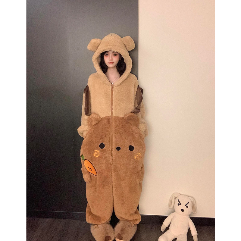 可爱小熊连体一体式少女睡衣秋冬珊瑚绒加厚款连帽保暖冬天家居服