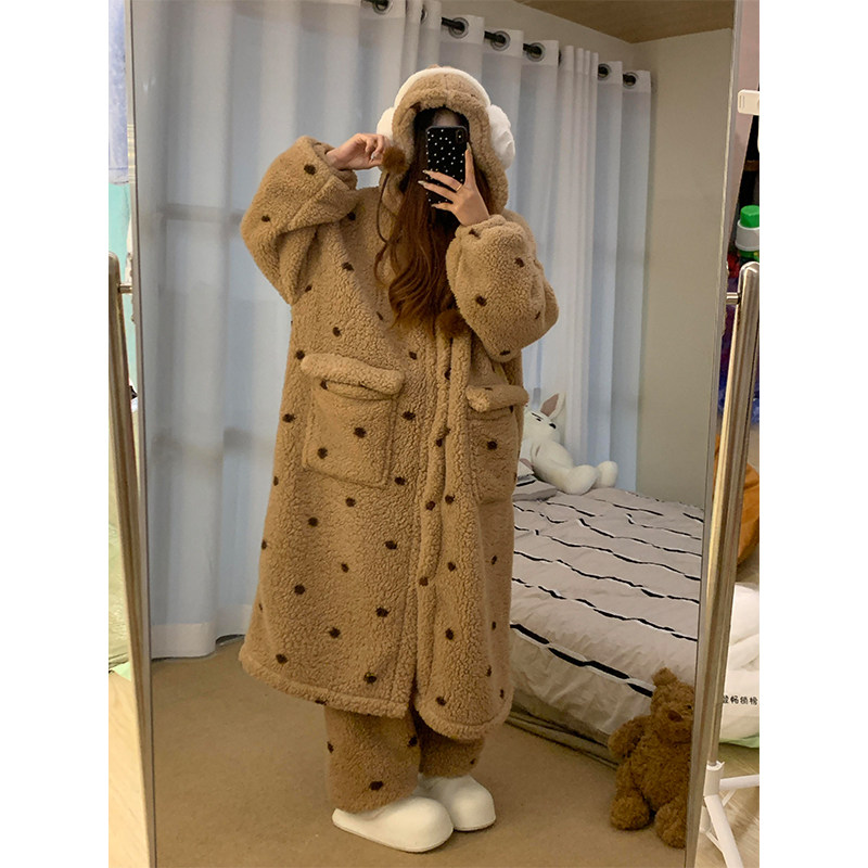 珊瑚绒睡袍女款秋冬季加厚加绒连帽套装可爱冬天法兰绒睡衣家居服