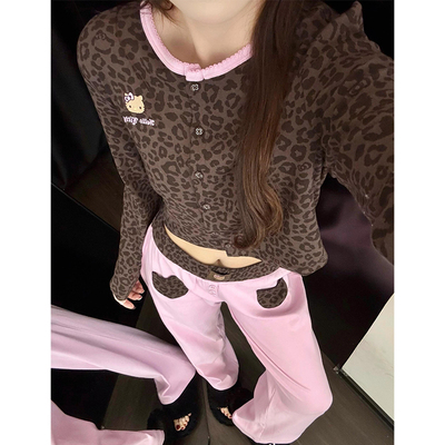 复古豹纹HelloKitty少女睡衣春秋季长袖长裤宽松休闲款家居服套装
