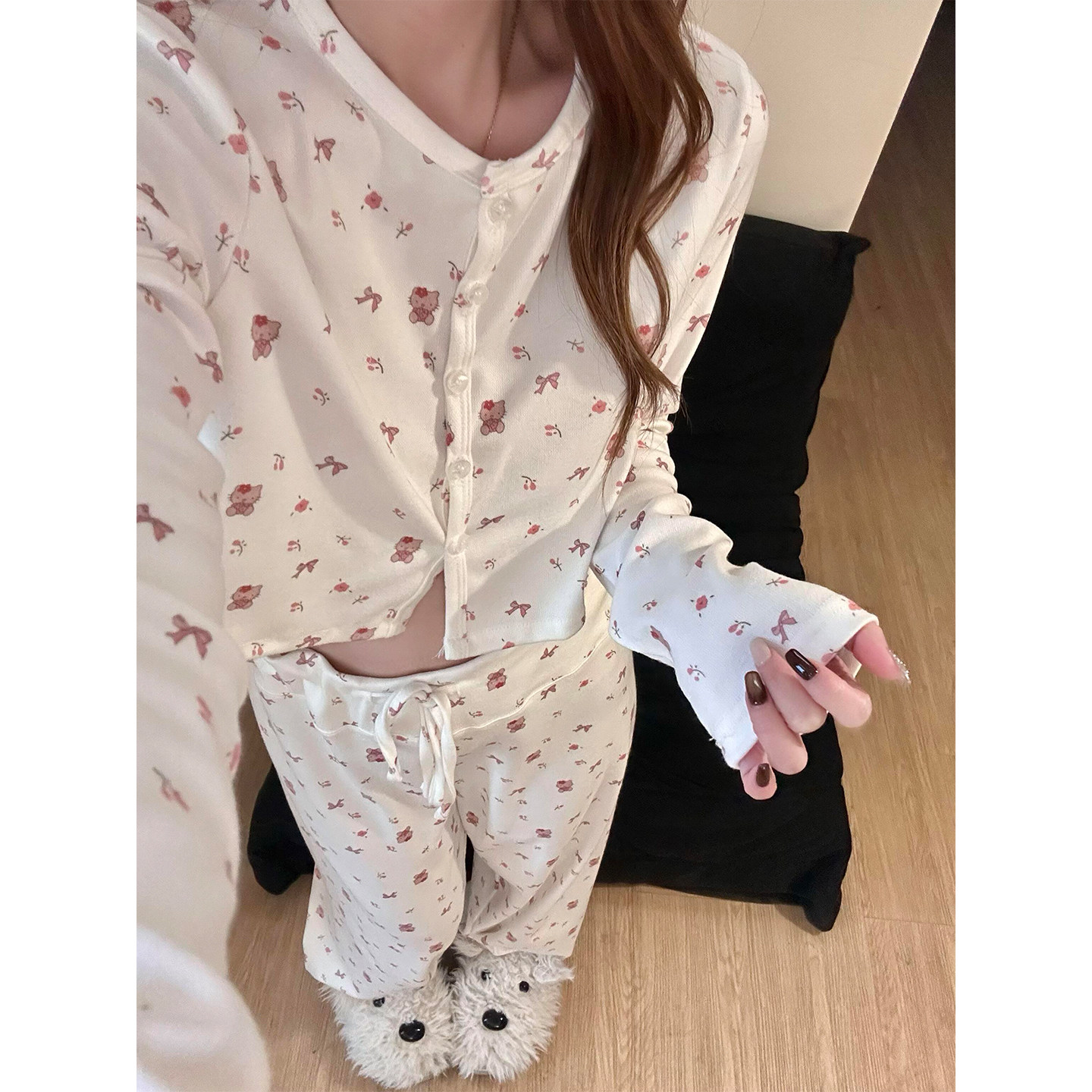 可爱HelloKitty少女睡衣春秋季带胸垫新款长袖吊带家居服三件套装