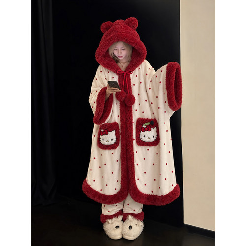 可爱卡通连帽睡袍女冬季珊瑚绒保暖加厚款冬天外穿睡衣家居服套装