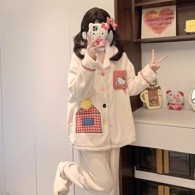 Hellokitty卡通可爱睡衣女秋冬珊瑚绒加厚冬天款法兰绒家居服套装