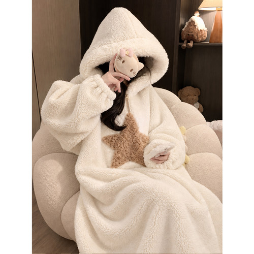 可爱星星少女睡衣冬季款珊瑚绒保暖加厚连帽睡袍冬天家居服可外穿