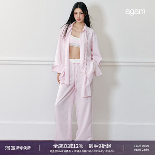 休闲套装 AGAM 休闲阔腿长裤 宽松条纹衬衫 假两件吊带背心