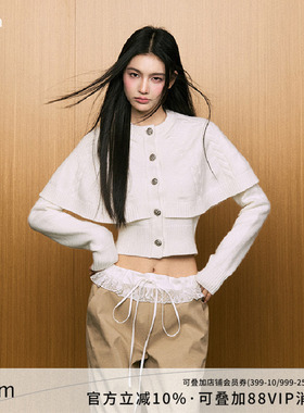 AGAM 开春斗篷披肩上衣女白色短款气质高级修身毛衣麻花针织开衫