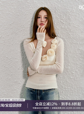 AGAM 原创立体玫瑰花朵设计天丝羊毛针织半透长袖上衣