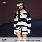 套装 假两件裙裤 海军蓝航海系松弛条纹Polo毛衣 AGAM