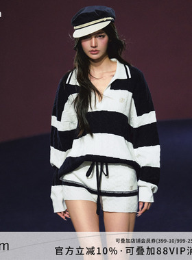 AGAM 海军蓝航海系松弛条纹Polo毛衣 假两件裙裤套装