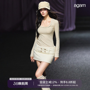 AGAM 富家千金小香风织带方领针织衫女秋季新款显瘦百搭打底上衣