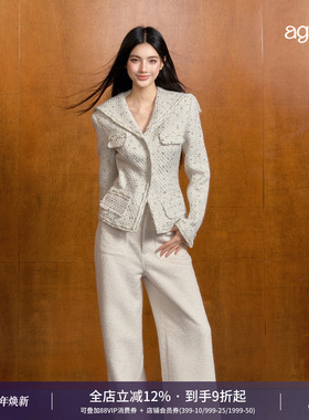 AGAM原创设计海军领编织白色彩点小香风冬日千金外套修身收腰上衣