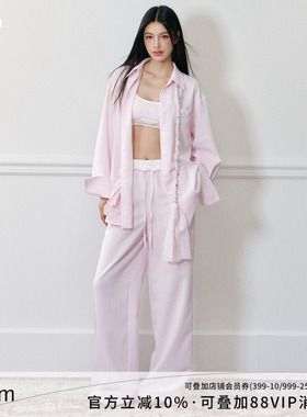 AGAM 假两件吊带背心+宽松条纹衬衫+休闲阔腿长裤休闲套装